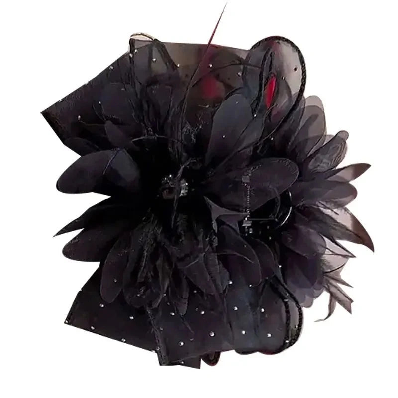 New Mesh Lace Black Feather Ribbon Bow Hair Claws Hairpin Big Bowknot Ponytail Holder Hair Clips Pin Hair Accessories for Women