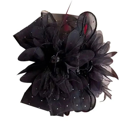 New Mesh Lace Black Feather Ribbon Bow Hair Claws Hairpin Big Bowknot Ponytail Holder Hair Clips Pin Hair Accessories for Women