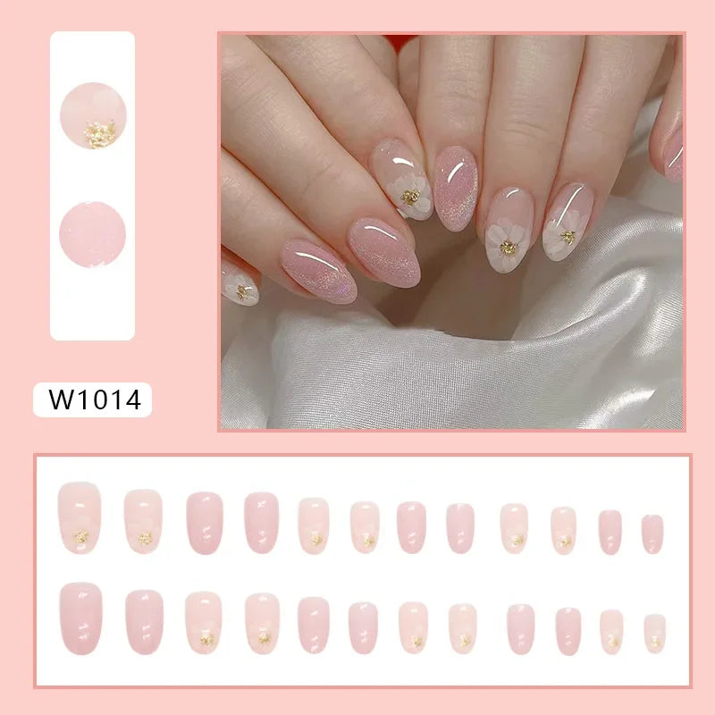 Fresh Green Tea 24 Pcs Fake Nail with Jelly sticker Press on False Nails Wearable Round Head Oval Full Cover Nail Tips