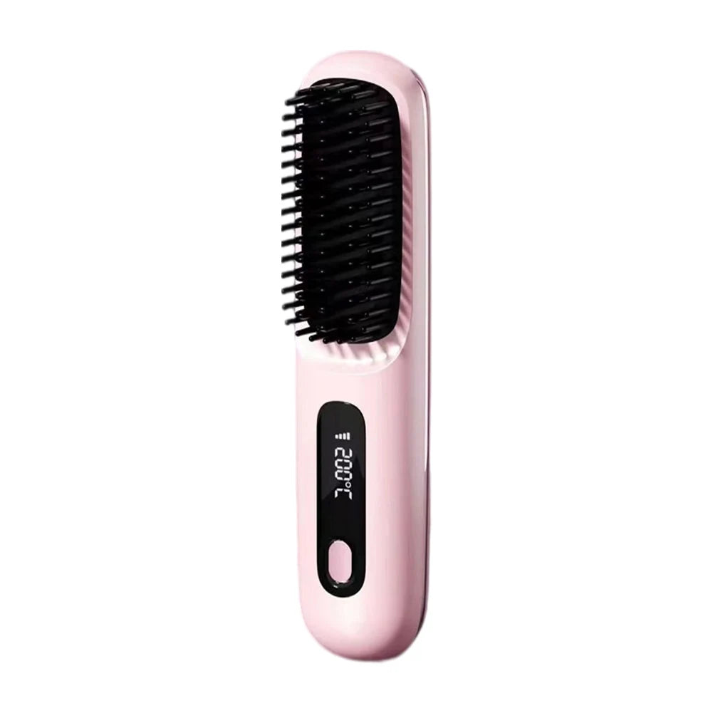 Portable Straightener Brush Cordless Hair Straightener Brush 3Setting Temperature Rechargeable Ceramic Hot Comb Brush for Travel