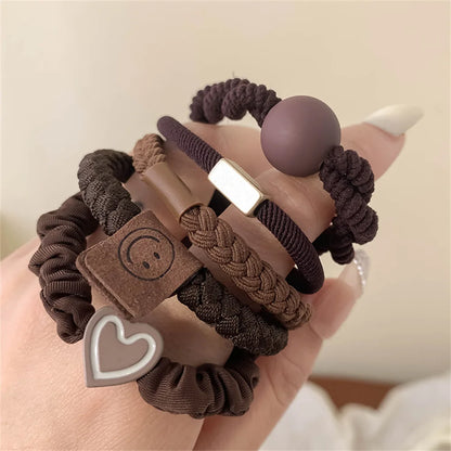 5pcs/Set Simple Heart Ball Charms Scrunchie No Damage Elastic Braided Hair Ties Ropes Women Girls Ponytail Holder Rubber Bands