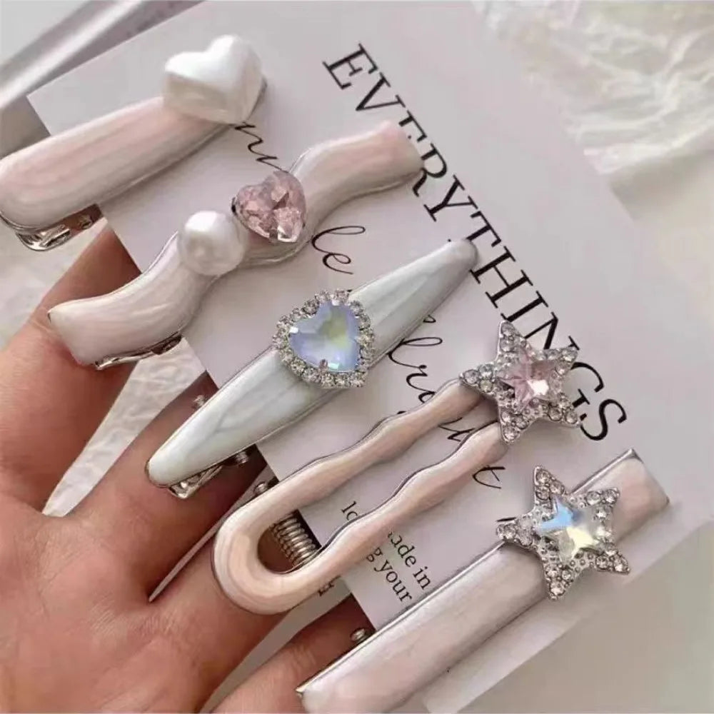 5Pcs/Set Trendy Sweet Galaxy Pink Hair Clips Cool Shiny Heart Shape Hairpins Star Pentagram Rhinestone Barrettes Women Girls