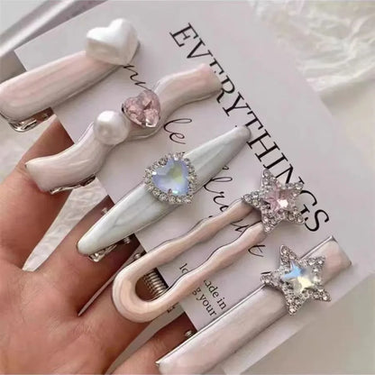 5Pcs/Set Trendy Sweet Galaxy Pink Hair Clips Cool Shiny Heart Shape Hairpins Star Pentagram Rhinestone Barrettes Women Girls