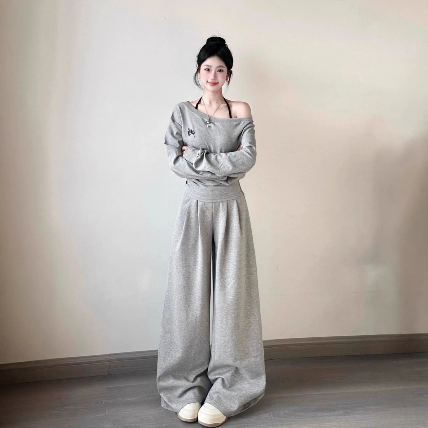 Elegant Shoulder Casual Sporty Loose Women's Short Sleeve Two-Piece Set Korean Style Fashion Wide Leg Pants Slimming