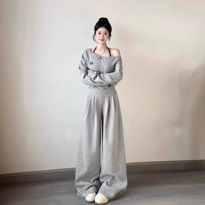 Elegant Shoulder Casual Sporty Loose Women's Short Sleeve Two-Piece Set Korean Style Fashion Wide Leg Pants Slimming