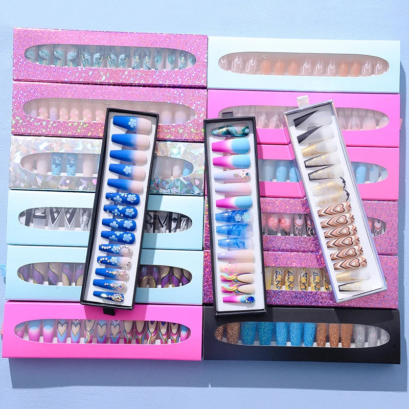 Luxury Designed Reusable Pink Nude False Nails Short Custom Acrylic Press On Nails Artificial Nails With Glue For Woman And Girl