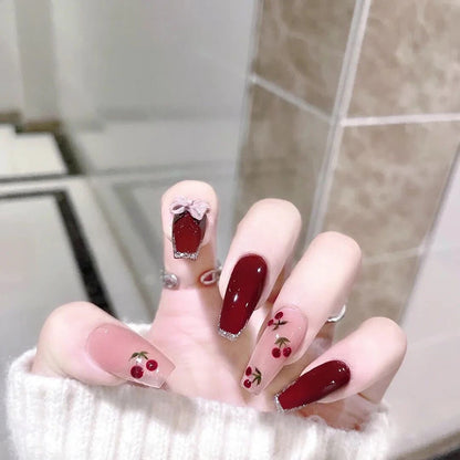 24Pcs/Set Pink Bow French Fake Nails Art Cute with Diamonds Girls Reusable Ballet Press on Nail Tips Oval Acrylic Stick on Nails
