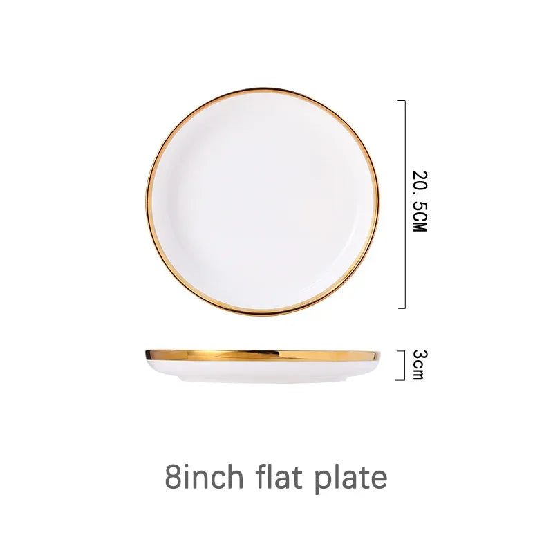 Ceramic Plates Bowls Gilt Rim White Porcelain Dinner Tray Kitchen Plates Ceramic Tableware Food Dishes Rice Salad Noodles Bowl