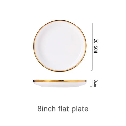 Ceramic Plates Bowls Gilt Rim White Porcelain Dinner Tray Kitchen Plates Ceramic Tableware Food Dishes Rice Salad Noodles Bowl