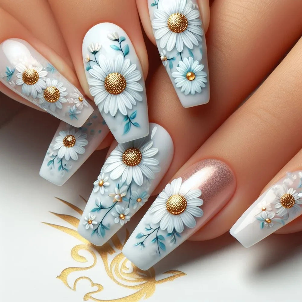 24pcs Golden Stripe Press on Nails Shiny Powder Love Design Long Square False Nails Wearable Full Cover Nail Tips Blue Fake Nail
