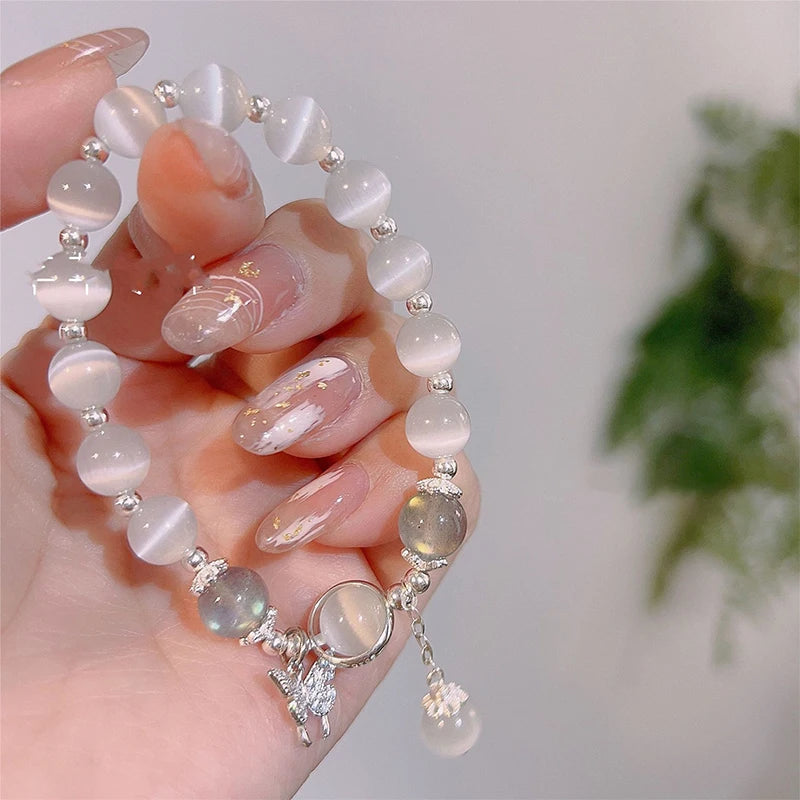 Korean Fashion Imitation Opal Bracelet Simple Ins Moonstone Crystal Bead Butterfly Pendant Bracelet Jewelry Gifts