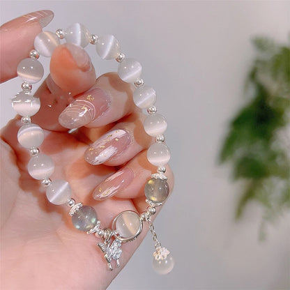 Korean Fashion Imitation Opal Bracelet Simple Ins Moonstone Crystal Bead Butterfly Pendant Bracelet Jewelry Gifts
