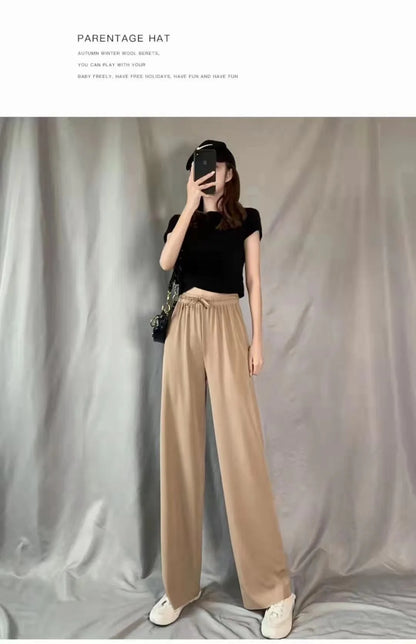 Spring Summer Ice Silk Fitness Wide Leg Pleated Straight Pants Women High Elastic Drawstring Solid Full Trousers JYZZ-AL5718