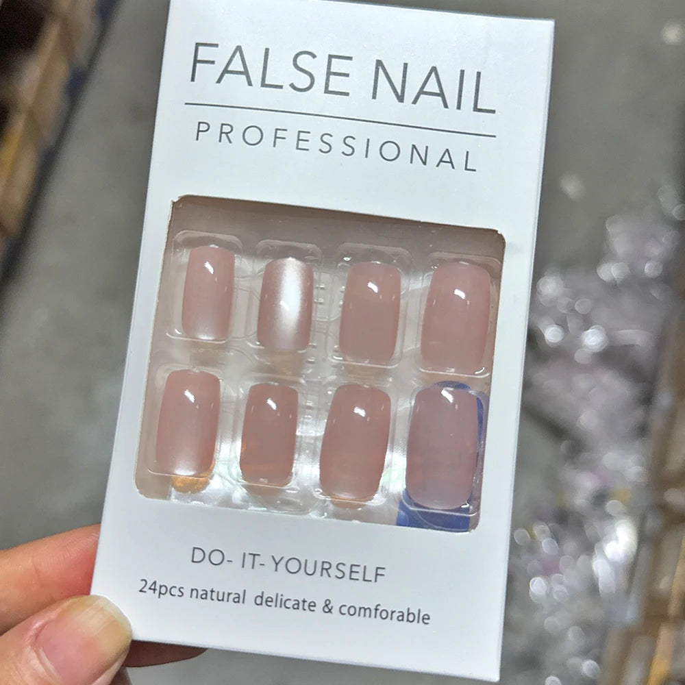 24Pcs Short Christmas Red Cat Eye False Nail Tips Glossy Simple Nude Cat Eye Design Press on nails New Year Wearable Fake Nails*