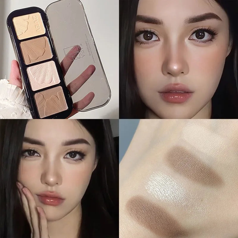 4-in-1 Contour Highlighter Palette Matte Bronzer & Shimmer Highlighter Compact Nose Contour Powder Face Sculpting Makeup Palette