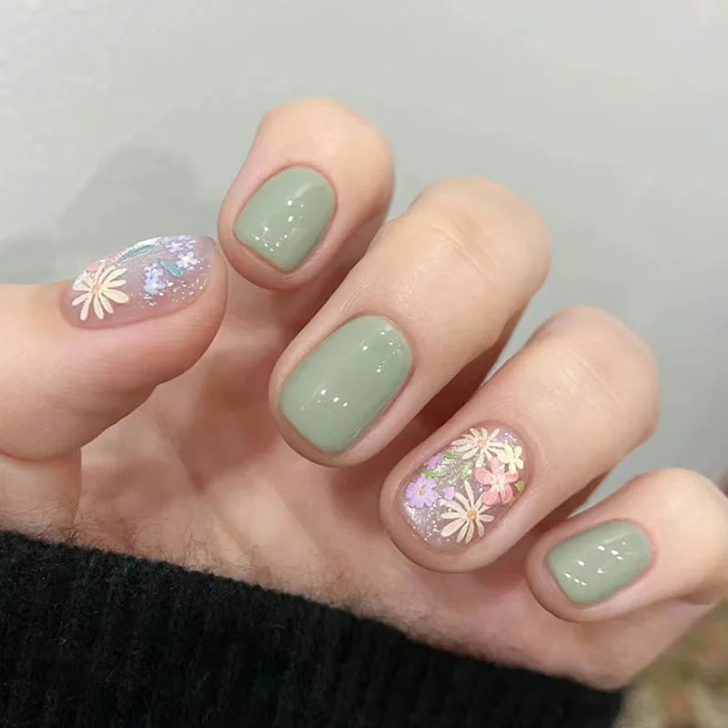 24Pcs Square Press-on Nails Set with Pink Flower Patterns Full Cover Acrylic French Nail Tips Adhesive For Stylish Women/Girls