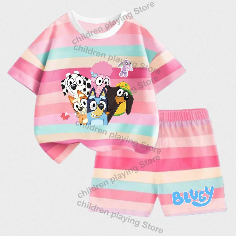 Blueyi Series Child Stripes Sets Summer Girls Boys T-Shirt Shorts Suits Cartoon Bingo Casual Sport Clothes Kids Sleepwear Gifts
