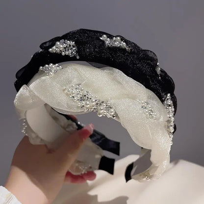 Korean Double Pearl Rhinestone Headband Lace Braided Hairband Hair Hoop Bezel Crystal Headbands For Women Girl Hair Accessories