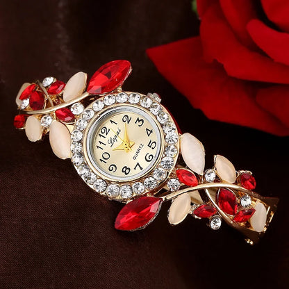 Vintage Women Quartz Watches Luxury Alloy Bangle Bracelet Watch Fashion Rhinestone Flower Ladies Watch Female Clock Reloj Mujer