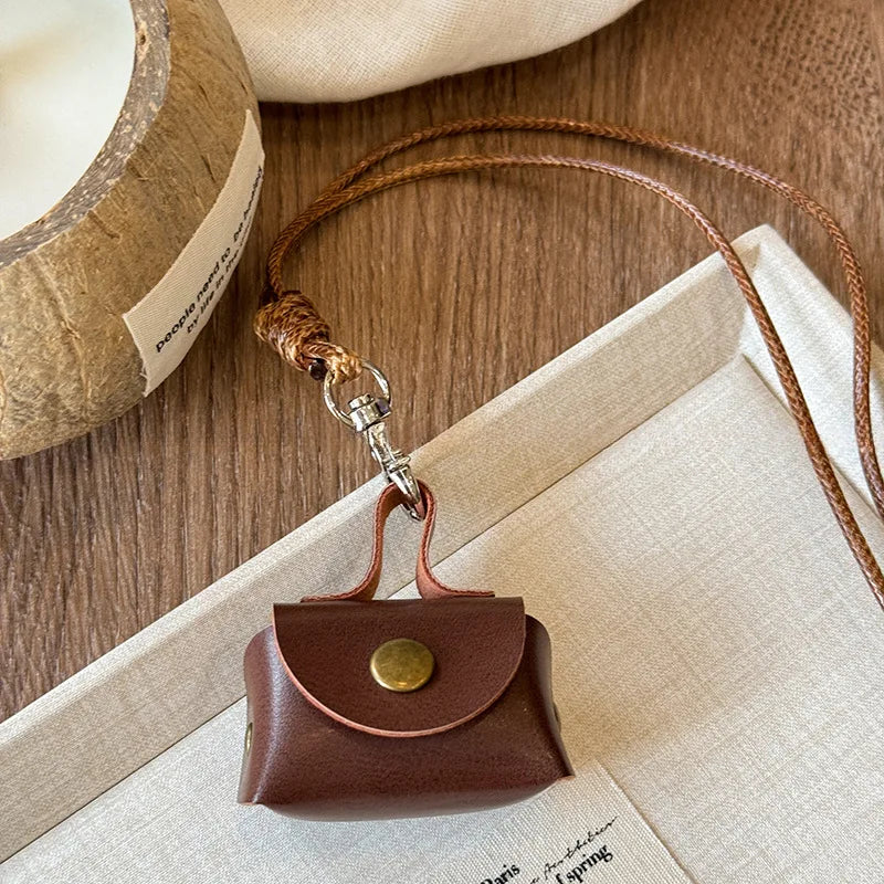 Retro Cute Small Leopard Print Leather Bag Pendant Necklaces for Women Sweater Long Rope Chain Neck Hanging Jewelry Accessory C