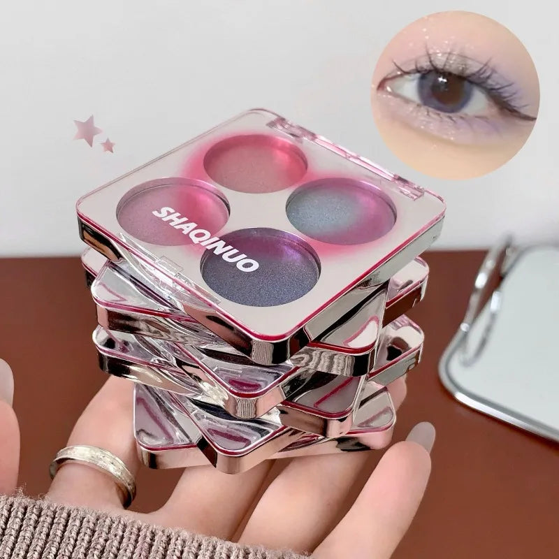 Eyeshadow Highlighter Palette, 4 Shade Galaxy Glitter & Matte, Icy Pink & Blue Shimmer Brightening Powder, Natural Silky Smooth