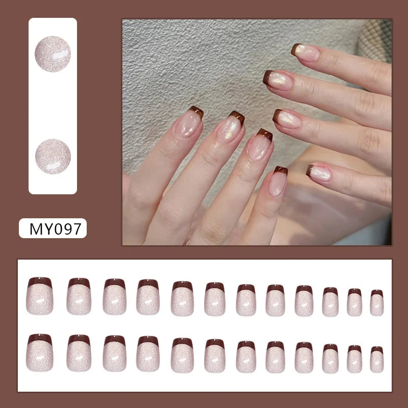 Caramel Flower 24 Pcs Press on Nails Pink Gradient Fake Nails Glossy Artificial Finger Manicure Reusable False Nails for Women