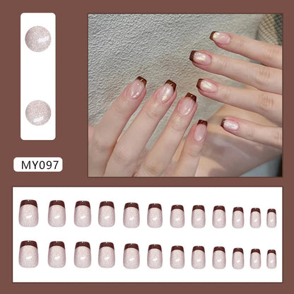 Caramel Flower 24 Pcs Press on Nails Pink Gradient Fake Nails Glossy Artificial Finger Manicure Reusable False Nails for Women