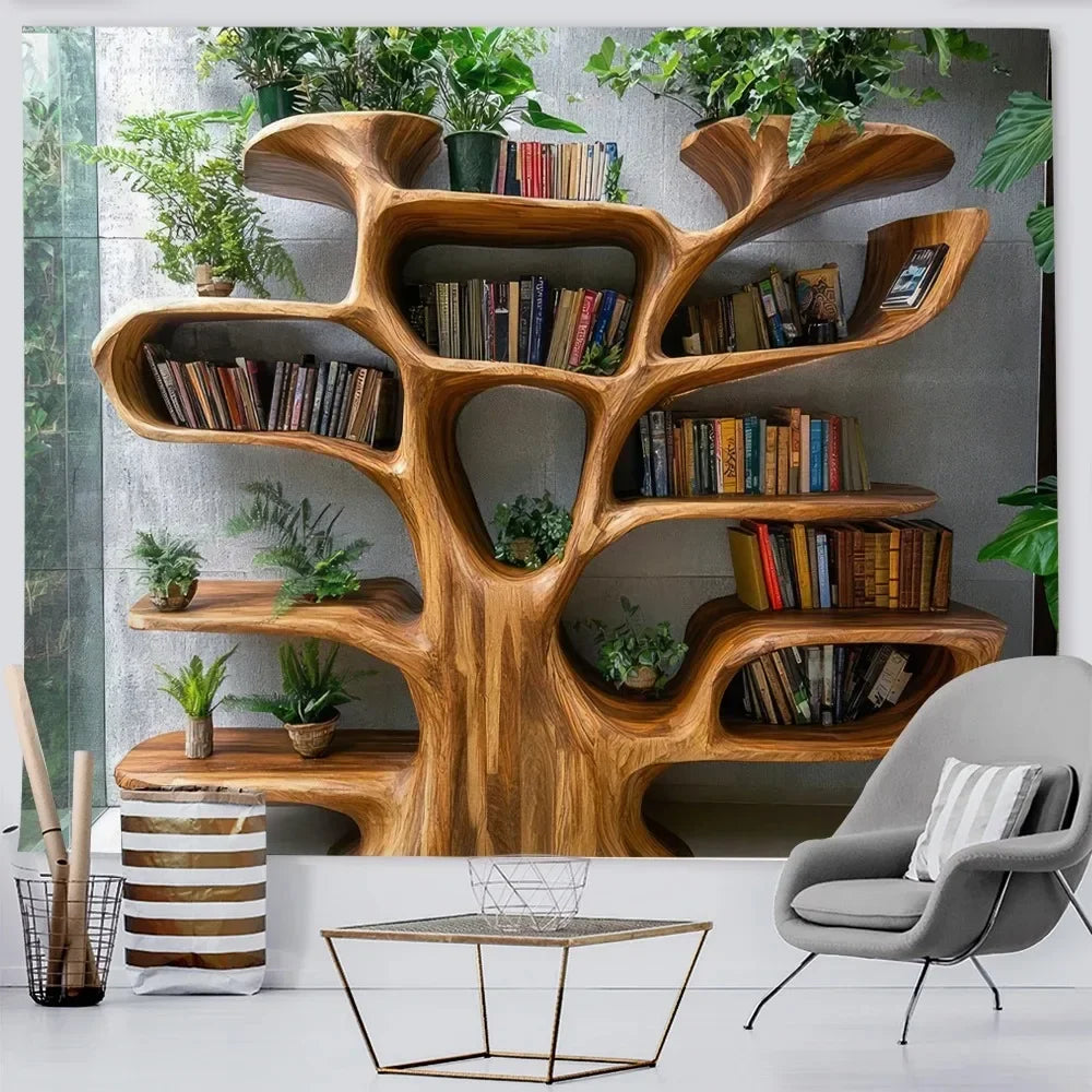 Nordic Tree Plants Reading Theme Tapestry 2D Print Polyester Bookshelf Wall Art Multiple Sizes for Living Study ReadingNook Deco