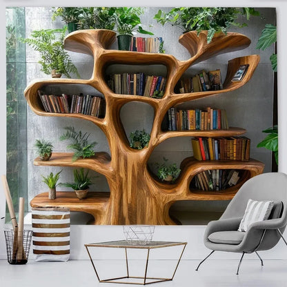 Nordic Tree Plants Reading Theme Tapestry 2D Print Polyester Bookshelf Wall Art Multiple Sizes for Living Study ReadingNook Deco