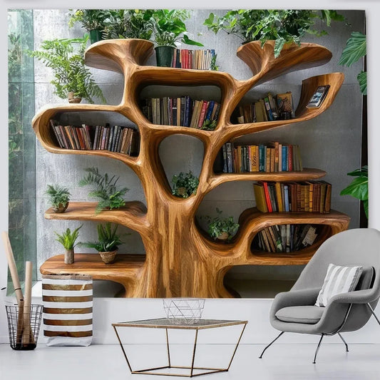 Nordic Tree Plants Reading Theme Tapestry 2D Print Polyester Bookshelf Wall Art Multiple Sizes for Living Study ReadingNook Deco