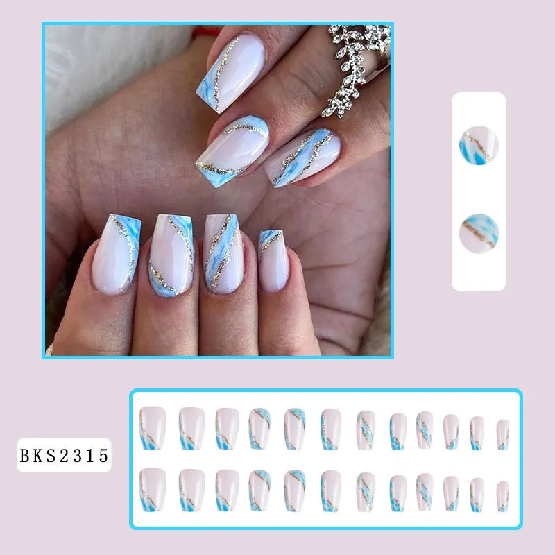 24Pcs Press on Fake Nails Short Medium French Acrylic Full Cover False Nail With Glue Kit Mini File Manicure for Women and Girls