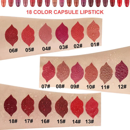 Set of 18 Colorful Capsule Lipstick Pills, Including Waterproof And Long-Lasting Lip Gloss, Sparkling Glitter Lipstick