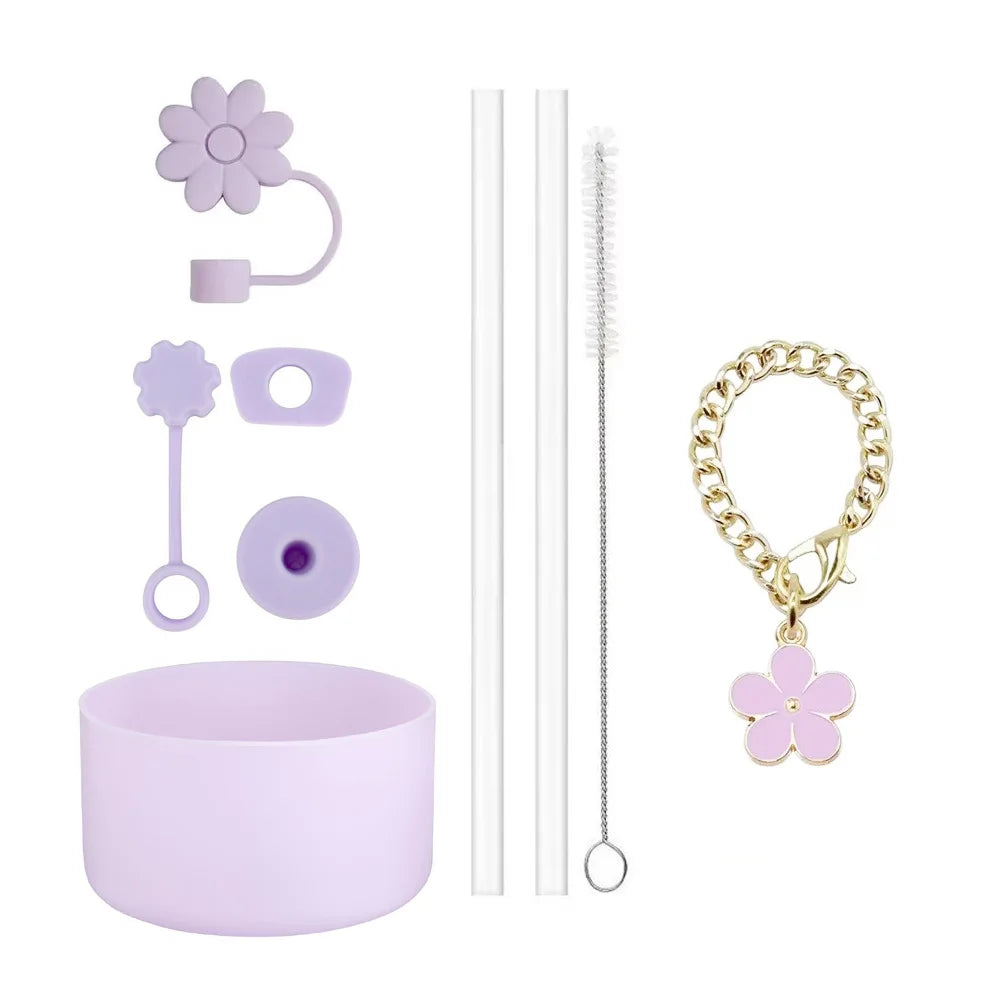 Cup Accessories for Stanley Cup Set of 9 Straw and Brush and 1 Flower Charm Chain 3 Spill Proof Stopper Flowers Straw Cover Boot
