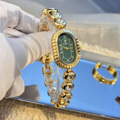 New Arrival Elegant Oval Shape Compact Gold Watch for Women Vintage Elegance Luxury Diamond Embedded Bracelet Quartz Wristwatch