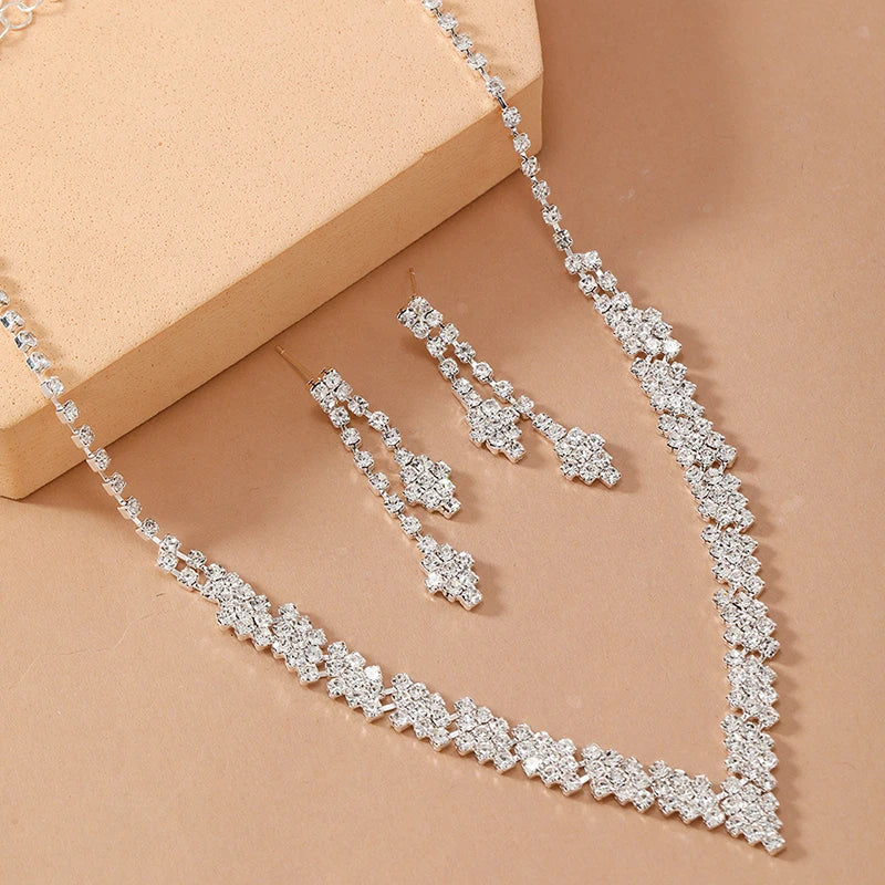 2Pcs/lot Simple Fashion Geometric Zircon Necklace Earrings Kit For Women Wedding Bride Jewelry Set Accessories Gift