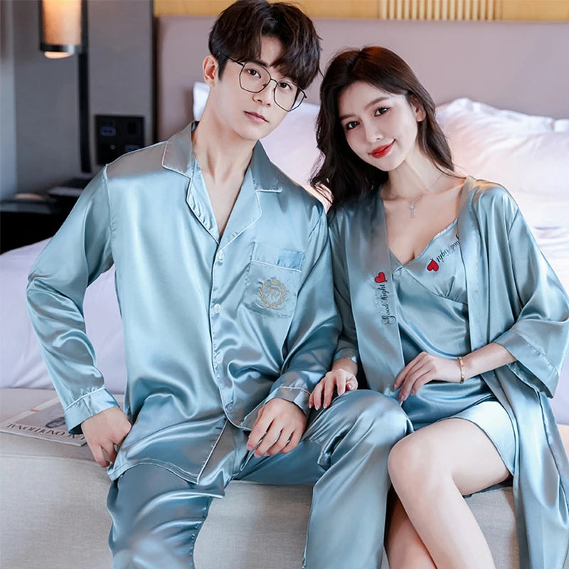 Couple Pajamas Set Women Silk Sexy Nightdress Nightgown Two-Pieces Summer Men's Long-Sleeved Long Pant Home Wear Bridesmaid Robe