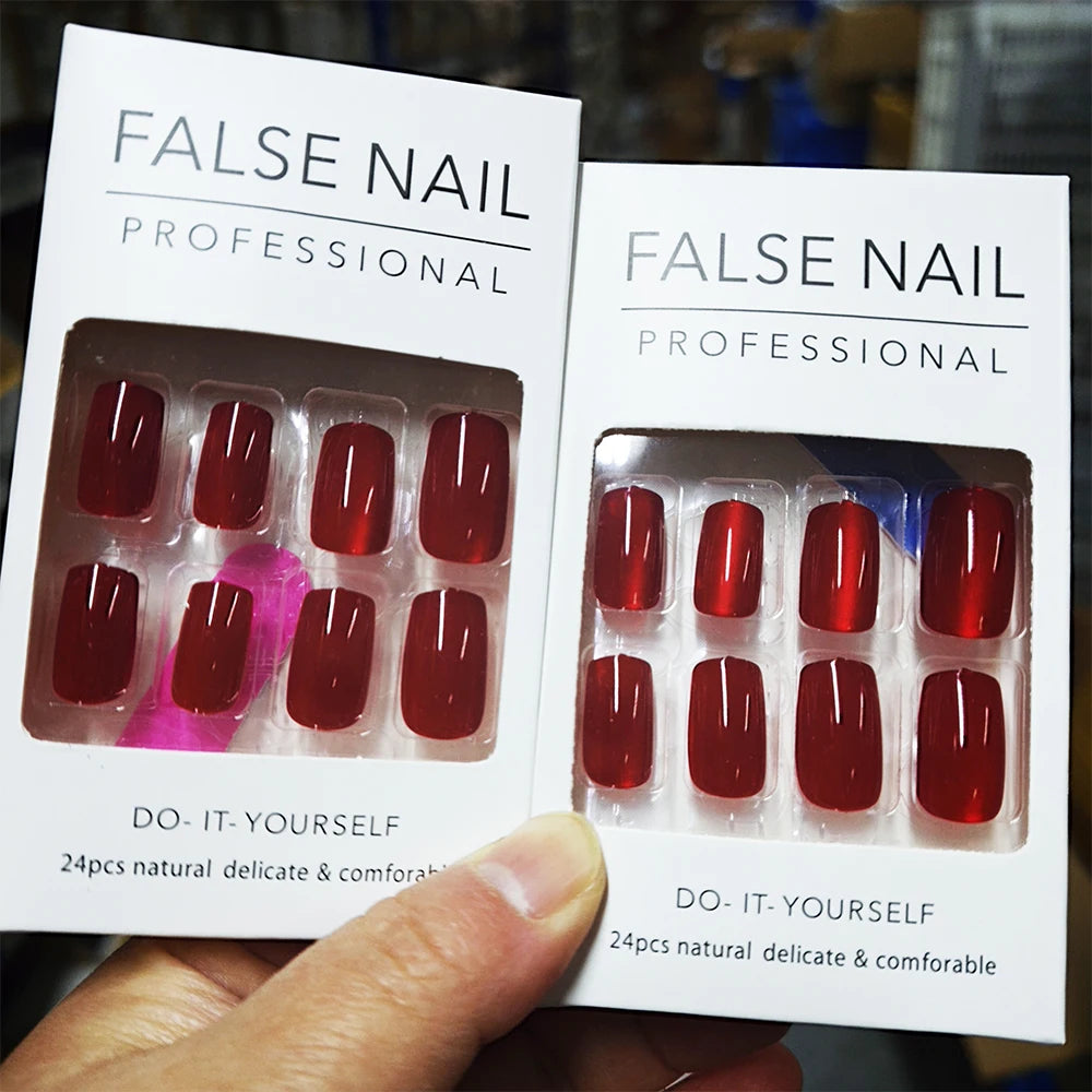 96/48/24PCS Sexy Red Cateye Press On Nails Medium Square Glossy Full Cover Detachable False Nails For Girl Valentine Girls' Gift