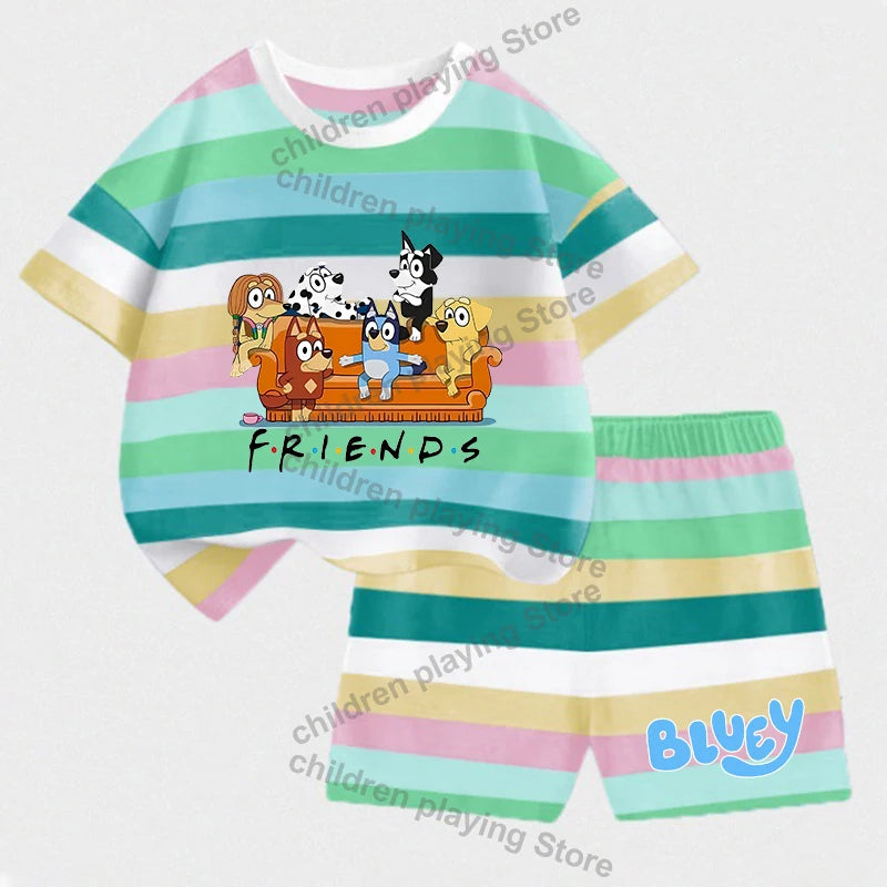 Blueyi Series Child Stripes Sets Summer Girls Boys T-Shirt Shorts Suits Cartoon Bingo Casual Sport Clothes Kids Sleepwear Gifts