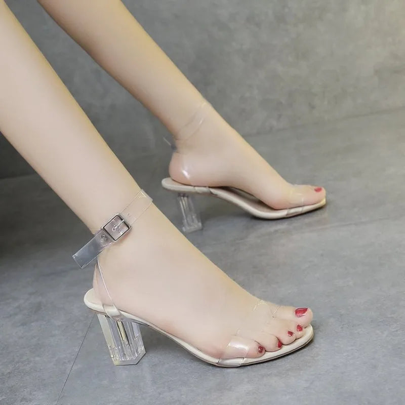 Women PVC Jelly Crystal Chunky Heel Transparent Sandals Fashion Sexy Summer High Heels Sandalias Female Pumps Zapatillas Mujer