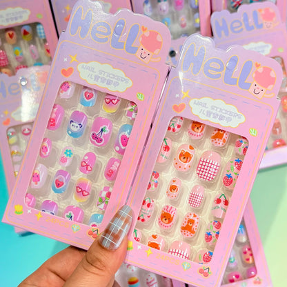 24PC/Box Children's Press On Nails With Jelly Glue Girl's Colorful Cartoon Full Cover Bear Bunny Cat Pattern Fake Nail FalseNail