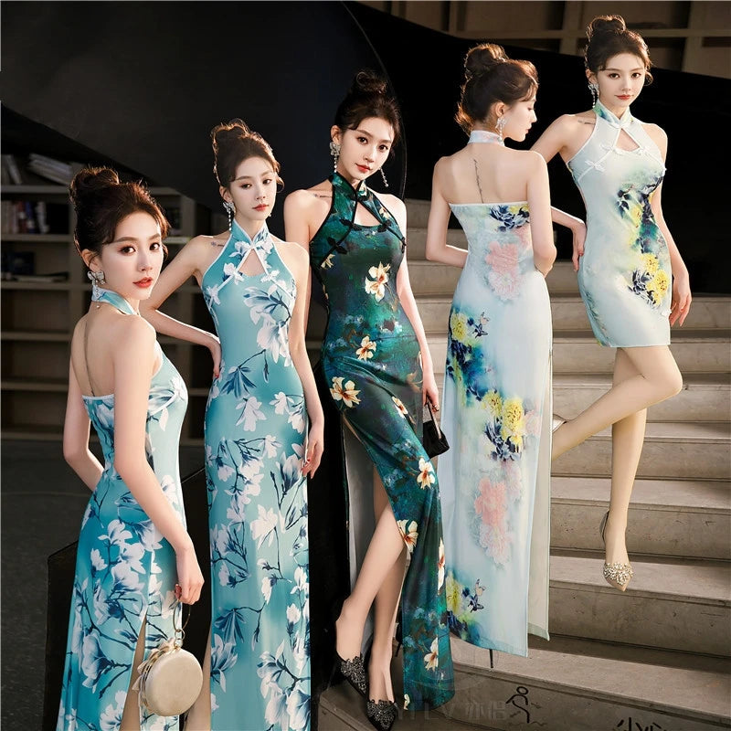 Sexy Halter Cheongsam Lady Split Qipao New Chinese Style Improved Dress Gown Satin Cheongsams Hollow Out Vestidos Bigsize 4Xl5Xl