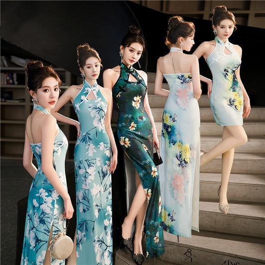Sexy Halter Cheongsam Lady Split Qipao New Chinese Style Improved Dress Gown Satin Cheongsams Hollow Out Vestidos Bigsize 4Xl5Xl