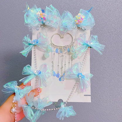 Sweet Tassel Hairclip Ear Hooks Set for Girls Kids Mermaid Elf Ear Cuffs Fairy Princess Non-Pierced Earrings Colorful Headwear