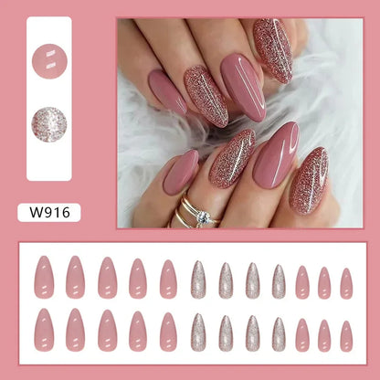 Fresh Green Tea 24 Pcs Fake Nail with Jelly sticker Press on False Nails Wearable Round Head Oval Full Cover Nail Tips