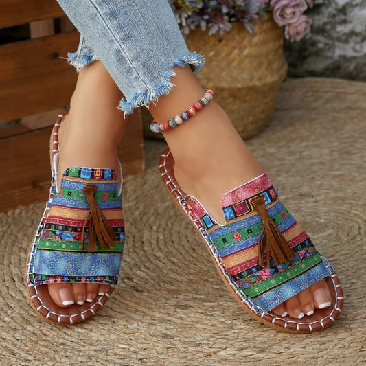 Southeast Asian Bohemian Tassel Flat Bottom Sandals Women's Outdoor Wear Soft Bottom Beach Cool Slippers Fringe Trend