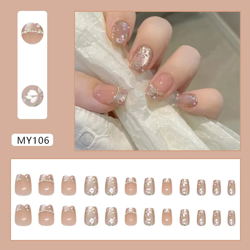 Caramel Flower 24 Pcs Press on Nails Pink Gradient Fake Nails Glossy Artificial Finger Manicure Reusable False Nails for Women