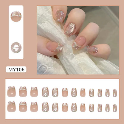 Caramel Flower 24 Pcs Press on Nails Pink Gradient Fake Nails Glossy Artificial Finger Manicure Reusable False Nails for Women