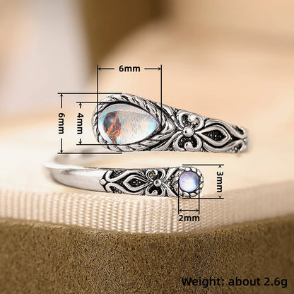 Huitan Vintage Elegant Women Opening Ring with Imitation Moonstone Temperament  Party Daily Accessories Engraved Design Jewelry