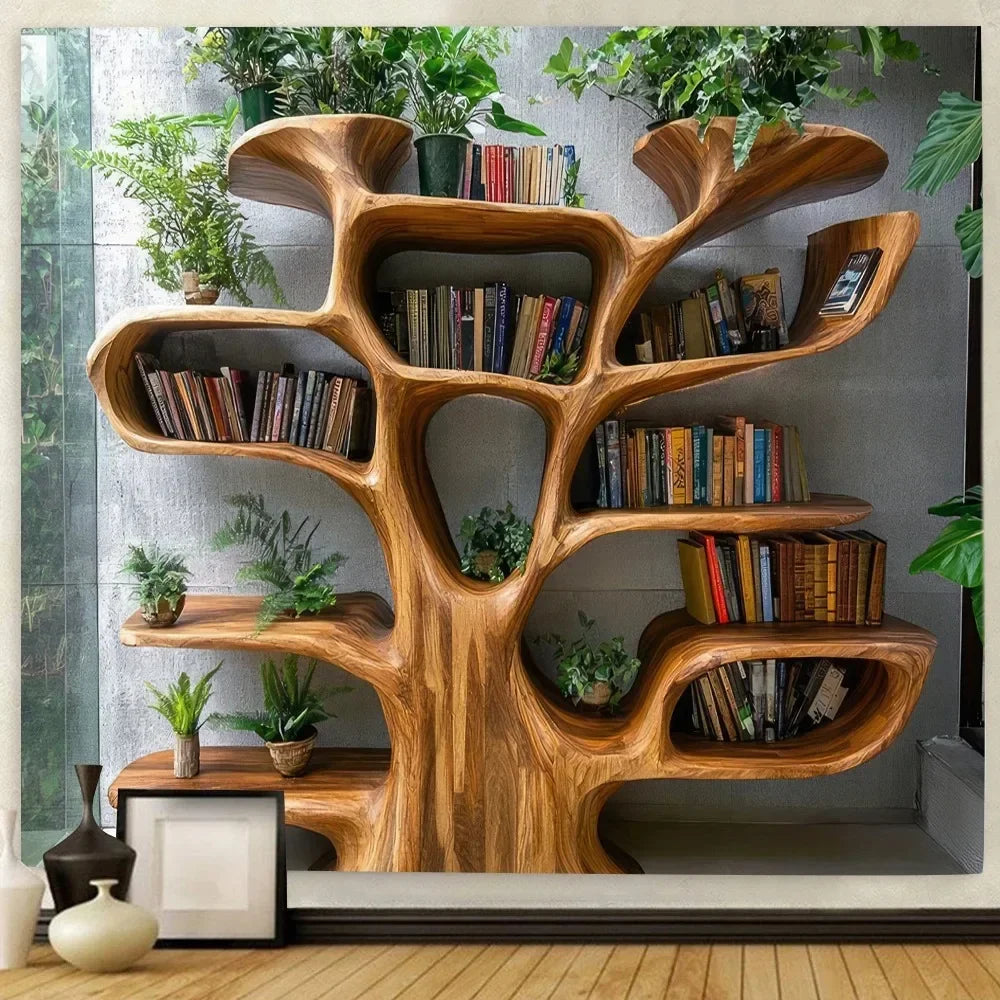 Nordic Tree Plants Reading Theme Tapestry 2D Print Polyester Bookshelf Wall Art Multiple Sizes for Living Study ReadingNook Deco