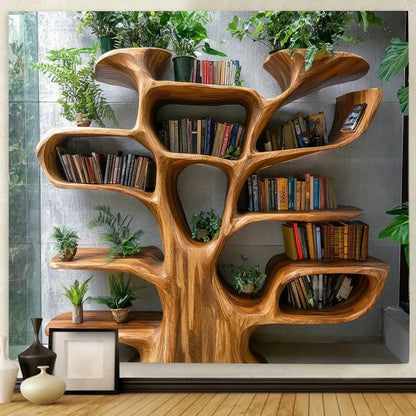 Nordic Tree Plants Reading Theme Tapestry 2D Print Polyester Bookshelf Wall Art Multiple Sizes for Living Study ReadingNook Deco